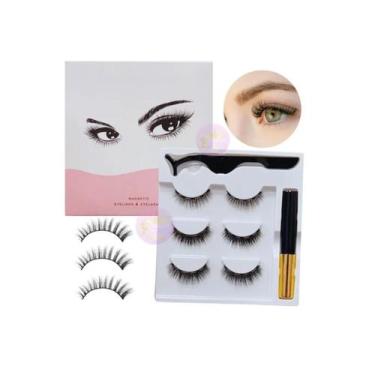 Imagem de Conjunto de 3 pares de cílios postiços magnéticos com delineador e pin