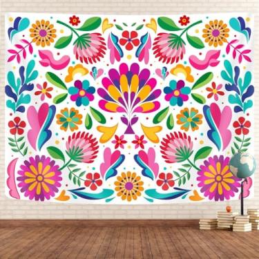 Imagem de GOAOK Tapeçaria mexicana, tapeçaria hippie estética tradicional floral mexicana do México, decoração mexicana, flores pastel, planta, pequena, tapeçaria para quarto, sala de estar, 101,6 x 76,2 cm