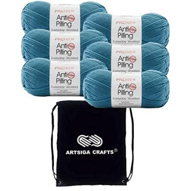 Imagem de Premier Yarns Antibolinhas Everyday Worsted Solid Lake DN100-91 (6-novelas) Same Dyelot Worsted Medium #4 Pacote de acrílico de fio de tricô macio com 1 bolsa de artesanato Artsiga