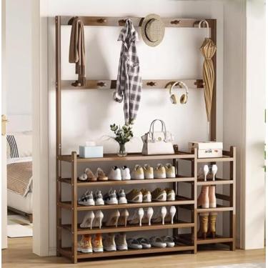 Imagem de Árvore Hall Com 10 Ganchos E Armazenamento De Sapatos De 5 Andares, Cabideiro De Madeira Para Corredor Com Bech, Árvore De Casacos Livre Para Guarda-roupa, Prateleira De Armaze, Brown, W90CM