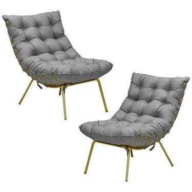 Imagem de Kit 2 Poltronas Decorativas Sala de Estar Abel Base de Ferro Dourada Linho Cinza  - Gran Belo