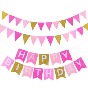 Imagem de Irenare 4 peças faixa de feliz aniversário colorido decoração de festa de aniversário arco-íris feltro guirlanda banner decorações de festa suprimentos (rosa gradiente e dourado)