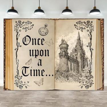 Imagem de ASDCXZ Pano de fundo de 2,4 x 1,8 m Once Upon a Time, livros de contos de fadas, castelo, princesa, fotografia, Once Upon a Time, aniversário, decoração de chá de bebê, livro de histórias, faixa de