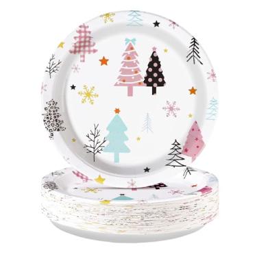 Imagem de Grencian 50 peças de suprimentos de festa de árvore de Natal rosa 25 cm grandes pratos de papel de Natal sazonais coloridos descartáveis para o inverno, Natal, férias, jantares e artigos de festa