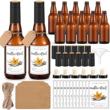 Imagem de Potchen Pacote com 12 frascos de extrato de baunilha de 325 ml, frascos de âmbar de vidro com tampas, adesivos e funil para extrato de baunilha caseiro, óleos essenciais, xarope, grãos de molho