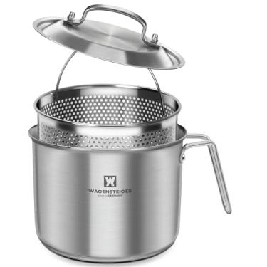 Imagem de WAGENSTEIGER Panela de aço inoxidável para ovos de vegetais, panela de fogão de macarrão com cesta perfurada, tamanho pequeno para porções simples ou duplas (2,3 litros/2,43 litros)