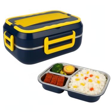 Imagem de Marmita Lancheira Elétrica Portátil com 03 Divisórias em Aço Inoxidável – Bivolt 110V/220V – 12V/24V – Refeições Quentes – Uso em Casa Carro ou Trabalho – Produto Premium (Azul/Amarelo) (Bramco)