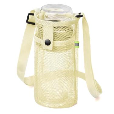 Imagem de Suporte de garrafa de água com alça de ombro ajustável bolsa de malha para garrafa de água para caminhadas, esportes e caminhadas, Cor esbranquiçada