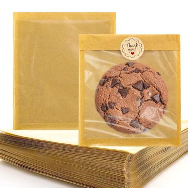 Imagem de Pacote com 100 sacos de embalagem de biscoito com selo, sacos de papel individuais de 14 x 16,5 cm com janela seláveis ao calor e resistentes a graxa para donut, brownie, petisco, fatia de bolo, scone