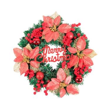 Imagem de Generic Guirlanda de porta de Natal feliz, fundo, flor de poinsétia artificial, folhas verdes para jardim, janela, gramado, escritório, árvore, Vermelho 30cmx8cm