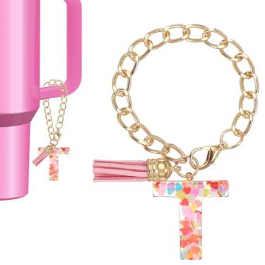 Imagem de Berloque de letras para copo Stanley, lindo pingente inicial t acessórios para chaveiro Stanley Tumbler Handle chaveiro personalizado para mulheres, rosa
