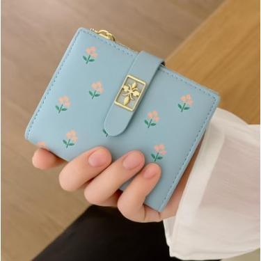 Imagem de Carteira feminina pequena e fina para cartão de crédito, carteira dobrável de couro sintético com bolso para moedas com zíper e janela para identidade, Azul, Carteira pequena