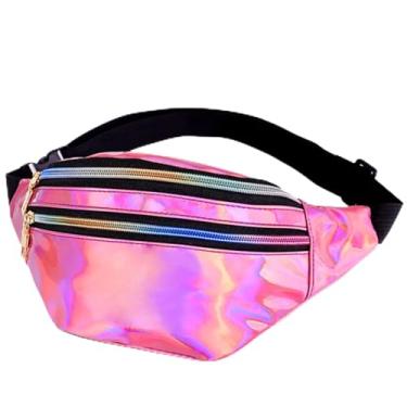 Imagem de Fanny Pack Bolsa feminina holográfica horizontal à prova d'água com cinto ajustável a laser moda esportes PU brilhante pochete, rosa, Pacotes de cintura
