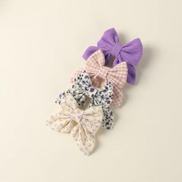 Imagem de 4 peças de laços de cabelo para mulheres, design de laço de poliéster estampado, grampos de cabelo roxos, bege, acessórios de grampo de cabelo grande