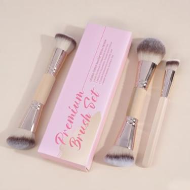 Imagem de 3 pincéis de maquiagem premium de ponta dupla com caixa (base, pó, blush e pincel de contorno) para polimento líquido, creme, pincel facial de mistura de pó (tez)