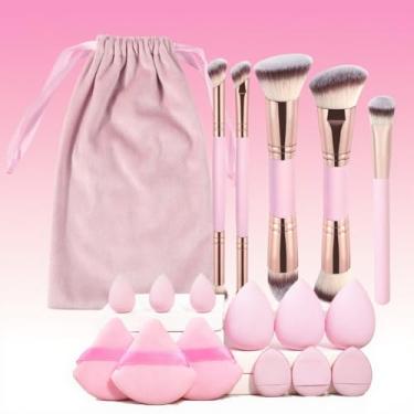 Imagem de Conjunto de pincéis de maquiagem de 18 peças, 5 pincéis de maquiagem profissionais, 12 puffs e uma bolsa de flanela confortável (ouro rosa)