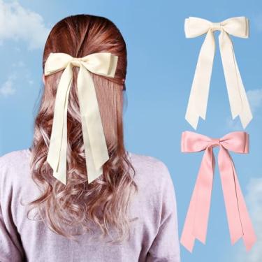 Imagem de Pacote com 2 laços de cabelo com clipes de metal, acessórios de fita de cabelo para mulheres (bege, rosa)