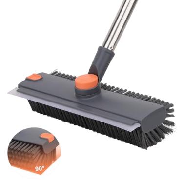 Imagem de Escova de limpeza de chão com cabo longo de 162 cm - cabeças giratórias de 360° Escova de limpeza doméstica com cerdas anguladas e raspador para limpeza de pisos de concreto, argamassa, jardins