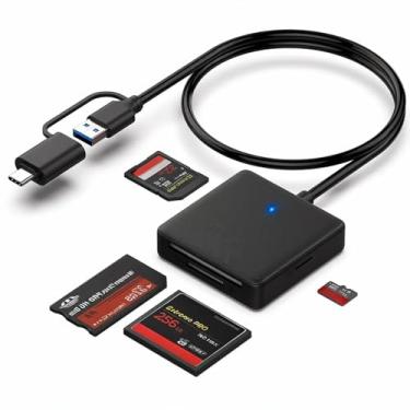 Imagem de Leitor de cartão de memória, adaptador de leitor de cartão 4 em 1 USB 3.0 e USB-C para SD Micro SD MS CF, 4 cartões de leitura e gravação simultaneamente, compatível com iPhone 15 Series, MacBook Pro