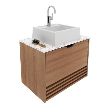 Imagem de Gabinete Banheiro 1 Porta 1 Gaveta 60Cm Suspenso Multimóveis Vcr10091 Amêndoa/Amêndoa/Mármore Branco