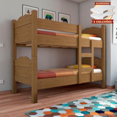 Imagem de Beliche Reforçada Multifuncional Vira 2 Camas Madrid Com Grades De Proteção - Amêndoa Com 2 Colchões