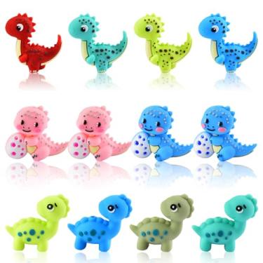 Imagem de WOZADU 12 peças de contas focais de silicone de dinossauro 3D para canetas, contas focais de animais a granel para fabricação de chaveiros, pulseiras, colares, suprimentos artesanais