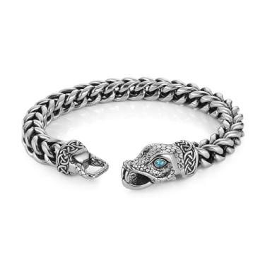 Imagem de HZMAN Pulseira masculina de aço inoxidável de 8,5 polegadas para dragão/cobra/lobo, corrente de elos cubanos, 8 mm de largura, pulseira punk de metal pesado