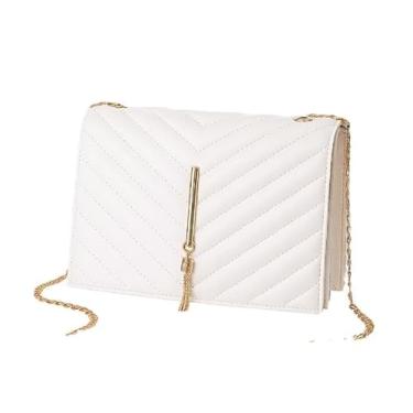 Imagem de Bolsa transversal de ombro simples com alça de corrente de metal e zíper superior com borla, Listra branca