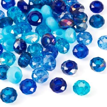 Imagem de Spritewelry 60 peças de contas de vidro europeias com orifício grande 14 mm AB banhado a cor azul vidro facetado Rondelle contas de cristal para artesanato DIY colar pulseira brinco