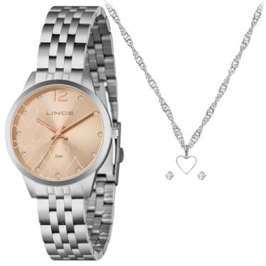Imagem de Relógio Feminino Prata Lince LRM4842L36 K0JG Mostrador Rosê Kit Colar Brincos