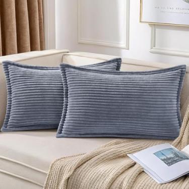 Imagem de Mecatny Conjunto de 2 capas de almofada de veludo cotelê 30,5 x 50,8 cm, capas de almofada de sofá lombar boho macias decorativas neutras com lateral larga para sofá, sala de estar, azul e cinza