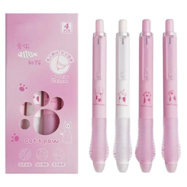Imagem de MOZXIRZ 4 canetas de gel apagáveis, fofas, retráteis, kawaii, rosa, apagável, 0,5 mm, tinta preta, caneta estética para mulheres, meninas, meninos, homens, material escolar (rosa - tinta preta)