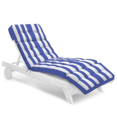 Imagem de Tycdiose Almofada para espreguiçadeira externa à prova d'água 74,4 x 22 x 4,7 polegadas de espuma de memória para móveis ao ar livre com laços, almofada espessa para poltrona de piscina, azul listrado