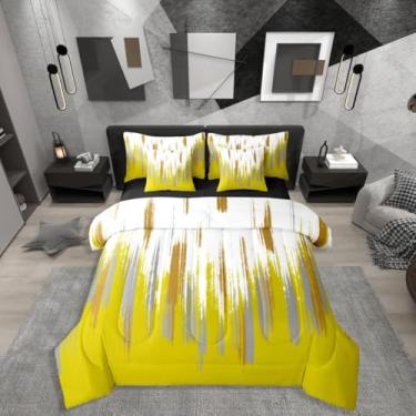 Imagem de Erosebridal Conjunto de edredom solteiro amarelo, 7 peças, moderno, pintura a óleo, abstrata, para crianças e adultos, cama vintage chique em uma bolsa com lençóis, pinceladas, pintura a óleo, estilo