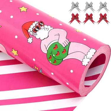 Imagem de EWES Jogo de papel de embrulho de Natal engraçado, rosa, papai noel, para crianças, fofos, reversíveis, desenhos animados, grossos, exclusivos, resistentes, divertidos, totais, 48,6 m²