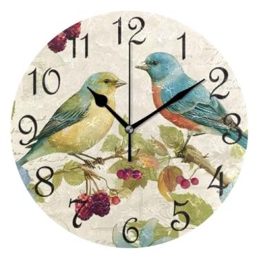 Imagem de ttyzxcd Relógio de parede vintage operado por bateria silencioso, sem tique-taque, pássaros, relógios redondos retrô para sala de estar, quarto, relógio de parede decorativo rústico