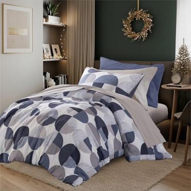 Imagem de Jogo de cama com 6 peças, estampa em três tons, tamanho GG, edredom e lençol de microfibra ultramacia, quente e aconchegante para todas as estações, azul marinho e cinza