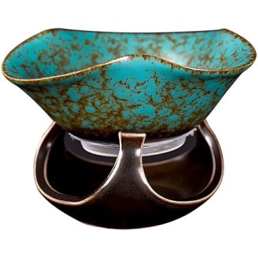 Imagem de Coador de chá elegante de cerâmica, chá de folhas soltas, verde antigo esmaltado vintage, infusor com suporte, design de longa duração, decoração ideal para escritório/casa