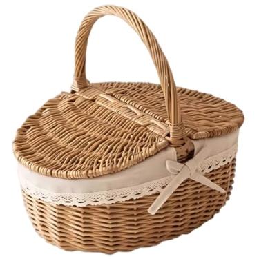 Imagem de LUMINFLY Cesta de armazenamento de vime tecida, tampa, média, decoração de renda, pão, frutas, piquenique, calor