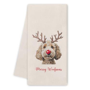 Imagem de Noaleviax Toalhas de pelúcia Poodle presentes - Natal Navidad Poodle Teddy decoração de cozinha, presentes de cachorro de Natal, toalhas de mão Merry Woofmas Xmas toalhas de prato para cozinha