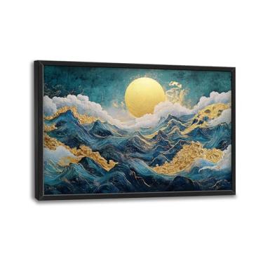 Imagem de Arte de parede emoldurada grande Sun Mountain, decoração de parede grande azul-petróleo e sol dourado para sala de estar, pintura em tela de paisagem abstrata, arte moderna, decoração de casa para