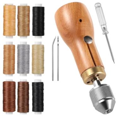 Imagem de LUMINFLY Kit de costura de couro com 13 peças com cabo de madeira, agulhas, linha e cera para trabalho em tela e tecido pesado