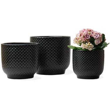 Imagem de Vasos de cerâmica de 10 + 15 + 15 cm para plantas de interior, vasos de suculentas, vaso de flores de orquídea com orifício de drenagem, vasos modernos de grés de barro, conjunto de 3 (preto, 10 + 15