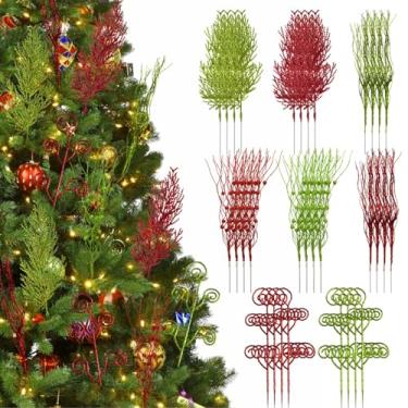 Imagem de 32 palhetas de árvore de Natal com glitter, agulhas de pinheiro falso com frutas vermelhas e verdes, palhetas florais brilhantes de férias com galhos encaracolados para decoração de árvore e guirlanda