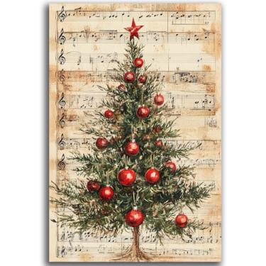 Imagem de Árvore de Natal com Partitura Carol Arte de Parede Impressões em Tela Retrô Feliz Natal Decoração de Parede Vintage Tela Neutro Rústica Pintura de Arte de Inverno para Quarto Sala de Estar, 40 cm x 61