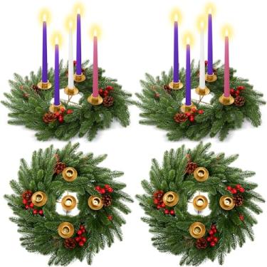 Imagem de LemonRoad Conjunto de 2 guirlandas de Natal do Advento de 30,5 cm, 5 castiçais, decoração de mesa de centro de mesa de Natal com pinhas e hastes de azevinho para Natal, decoração de casa, festa de