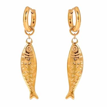 Imagem de Sparklaura Brincos de argola com pingente de peixe dourado para mulheres, hipoalergênicos, banhados a ouro 18 K, de aço inoxidável, brincos de argola de gota de peixe, joias de verão e praia