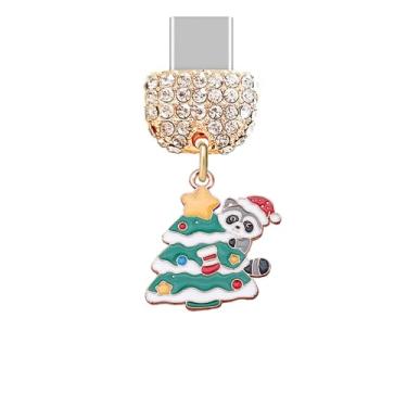 Imagem de ELISE & FONDA TP1002 Tipo-C porta de carregamento cristal antipoeira plugue pequena árvore de Natal com pingente de celular guaxinim para iPhone 15/16/Samsung/OnePlus/Xiaomi/oppo telefones Android