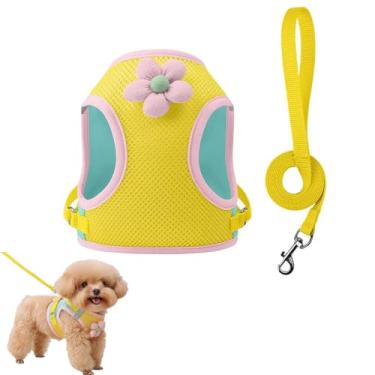 Imagem de Peitoral para cães de malha floral com coleira combinando, colete leve de verão, rosa/amarelo (amarelo, M: 3,6 a 5,4 kg)
