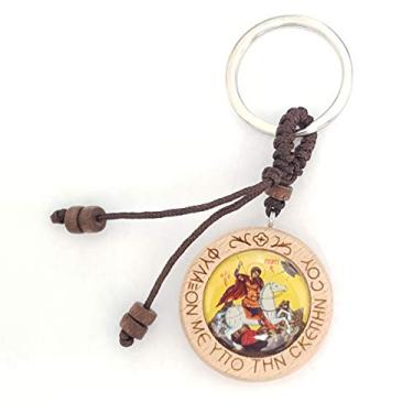Imagem de Chaveiro religioso grego ortodoxo cristão com ícone de madeira de São Jorge